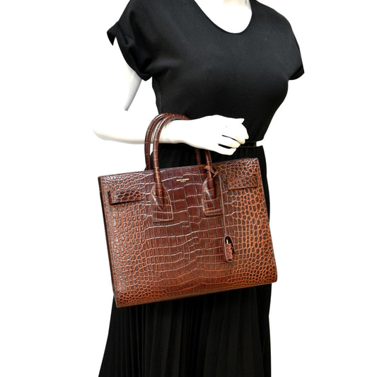 YVES SAINT LAURENT Sac de Jour Embossed Leather Satchel Bag Chocolate Brown