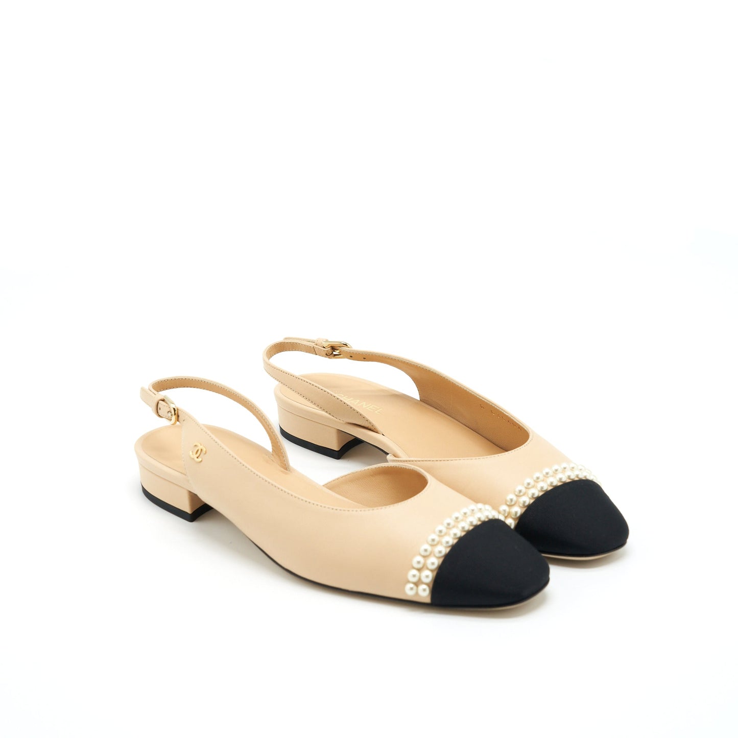 Chanel 38.5C Slingback Flats Beige With Pearls