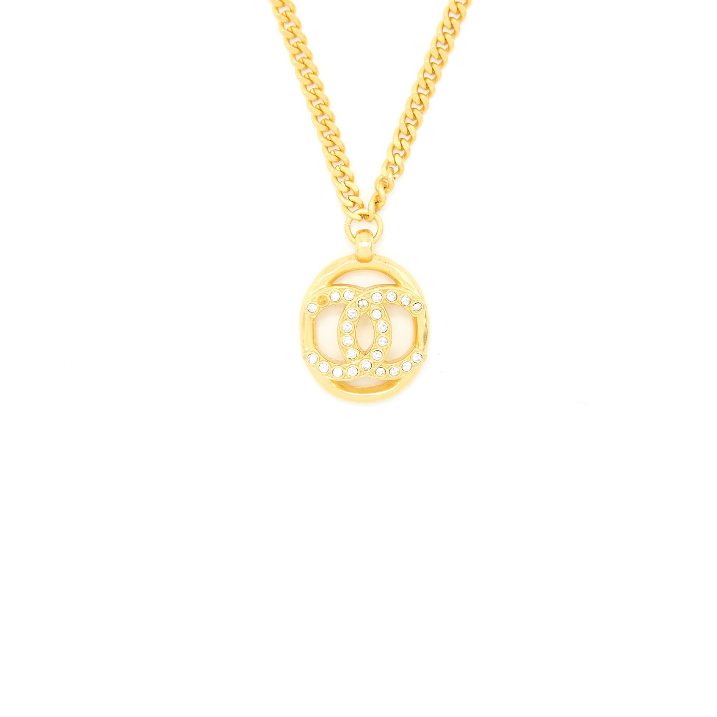 Chanel Round CC Logo Necklace Crystal Gold Tone