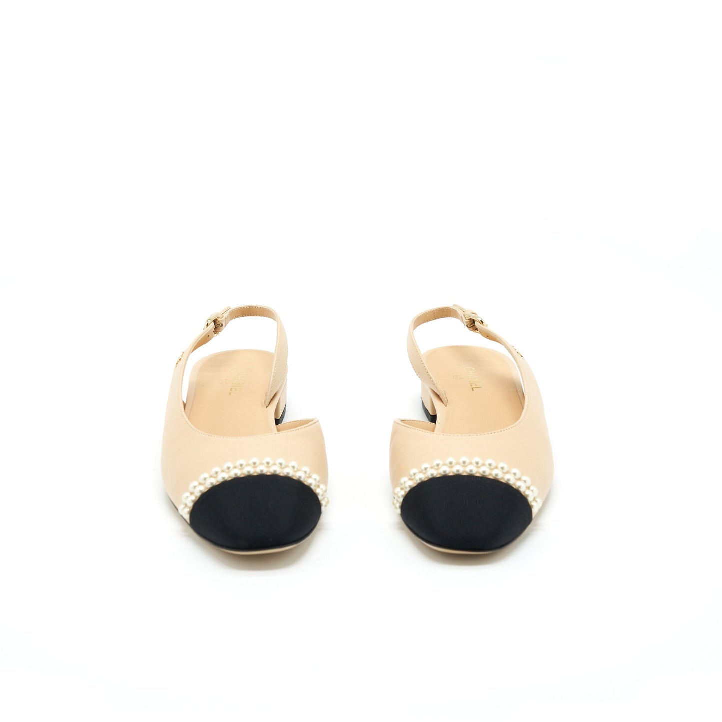 Chanel 38.5C Slingback Flats Beige With Pearls