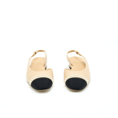 Chanel 38.5C Slingback Flats Beige With Pearls