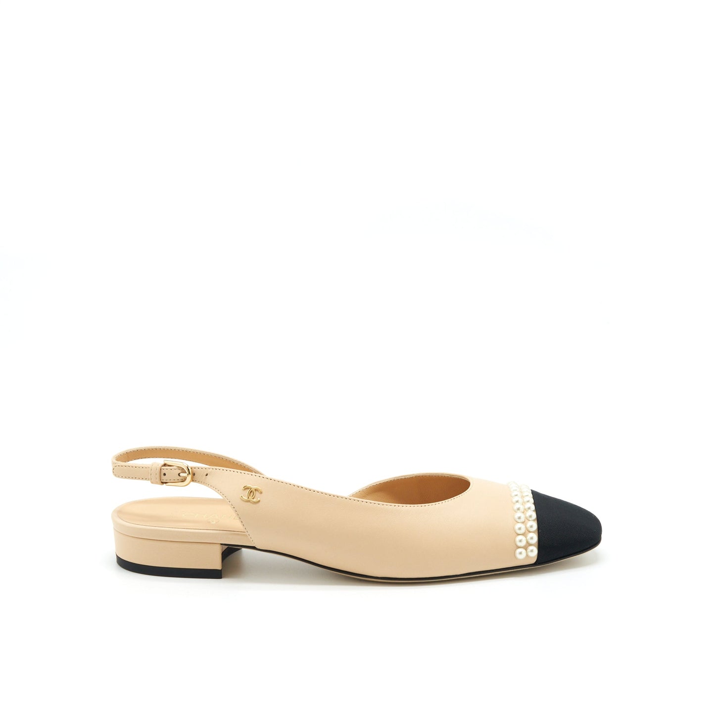 Chanel 38.5C Slingback Flats Beige With Pearls