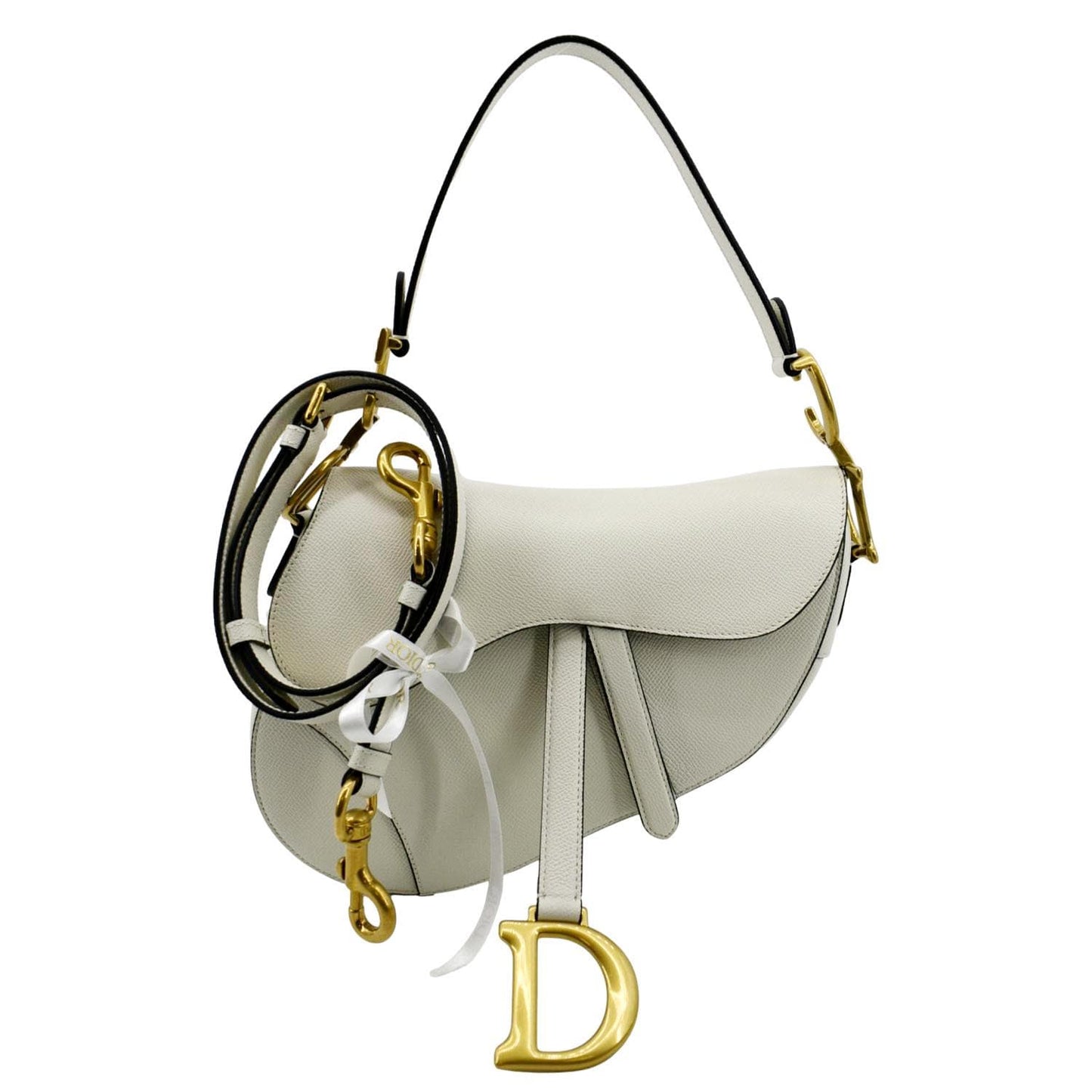CHRISTIAN DIOR Saddle Grained Calfskin Leather Shoulder Bag Ivory
