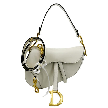 CHRISTIAN DIOR Saddle Grained Calfskin Leather Shoulder Bag Ivory