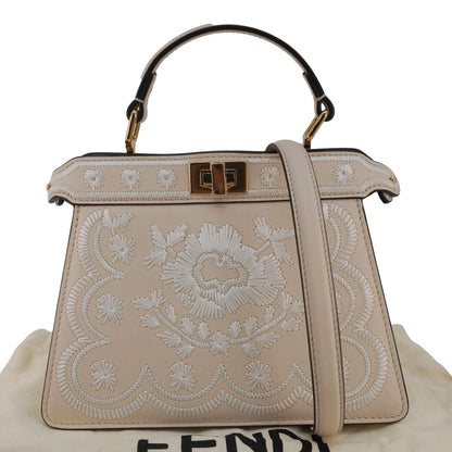 FENDI Peekaboo Vitello Seta Nappa Floral Embroidered Leather Tote Bag Camelia