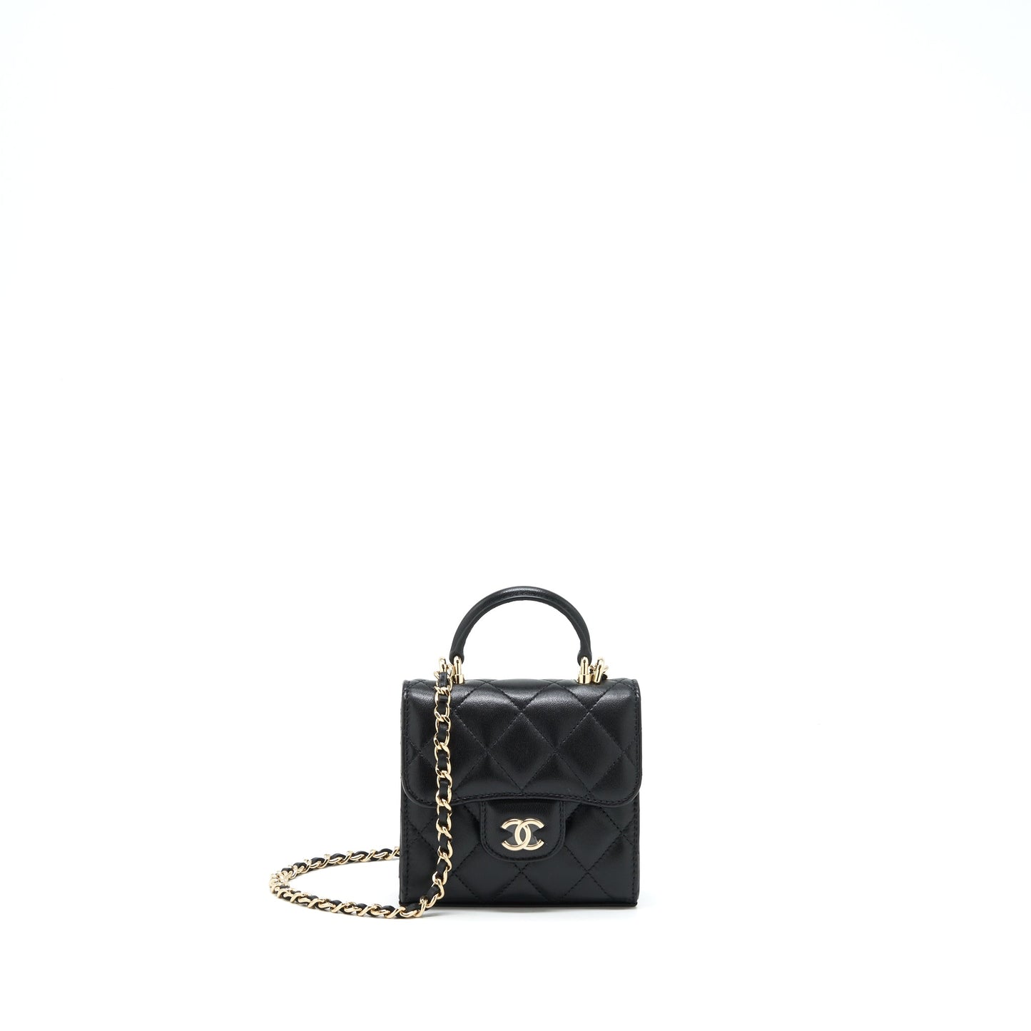 Chanel 22P Top Handle Mini Flap Bag With Chain Lambskin Black L