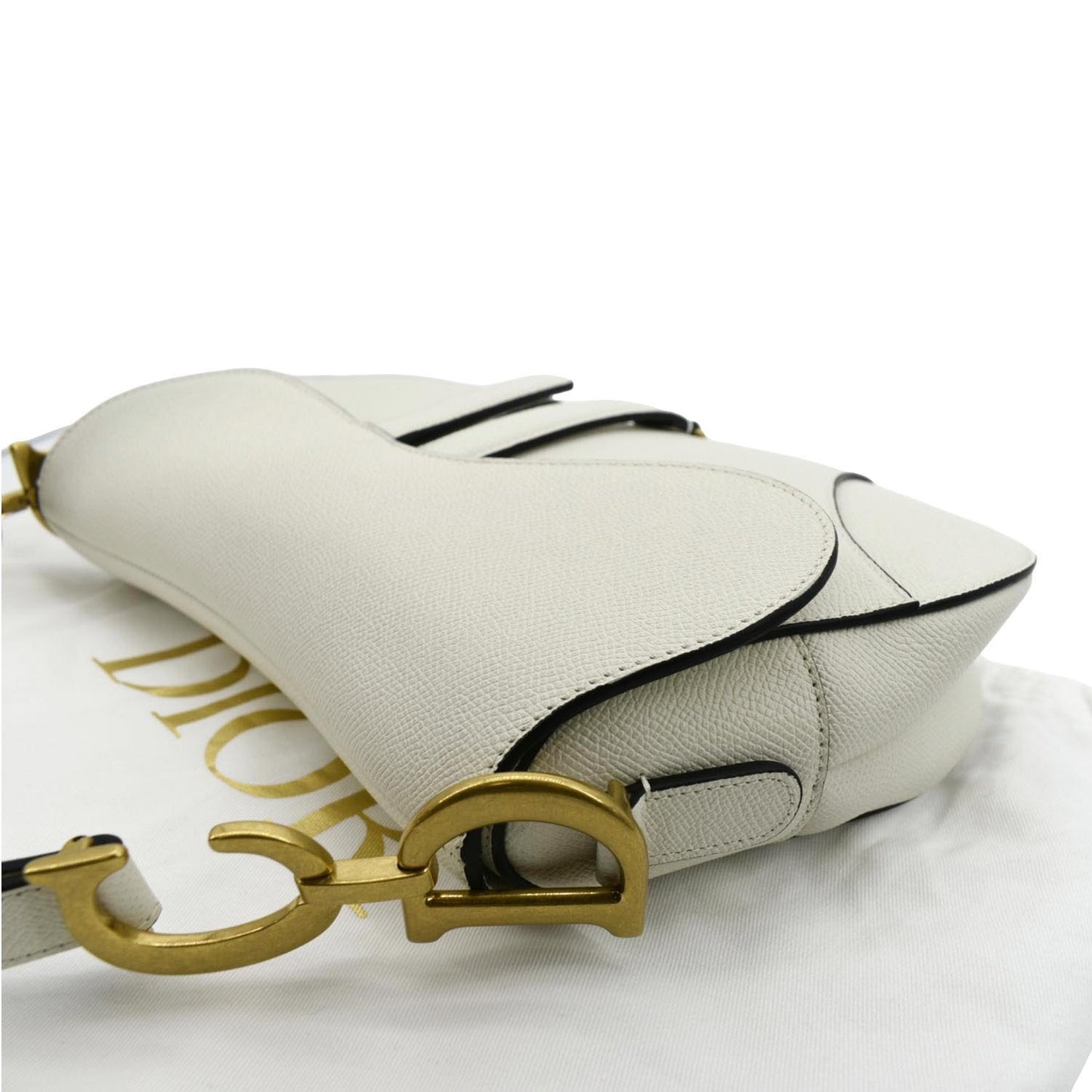 CHRISTIAN DIOR Saddle Grained Calfskin Leather Shoulder Bag Ivory