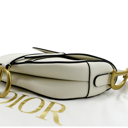CHRISTIAN DIOR Saddle Grained Calfskin Leather Shoulder Bag Ivory