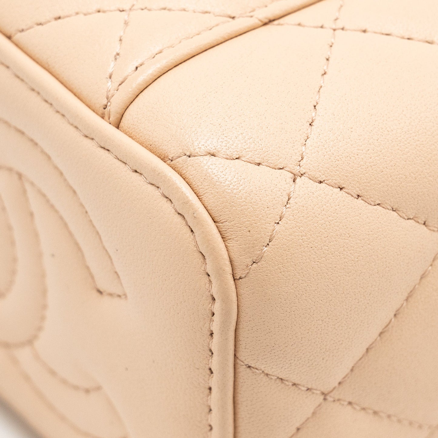 Chanel Mini Vanity Case With Camellia Adjustable Chain Lambskin Beige  (Microchip)
