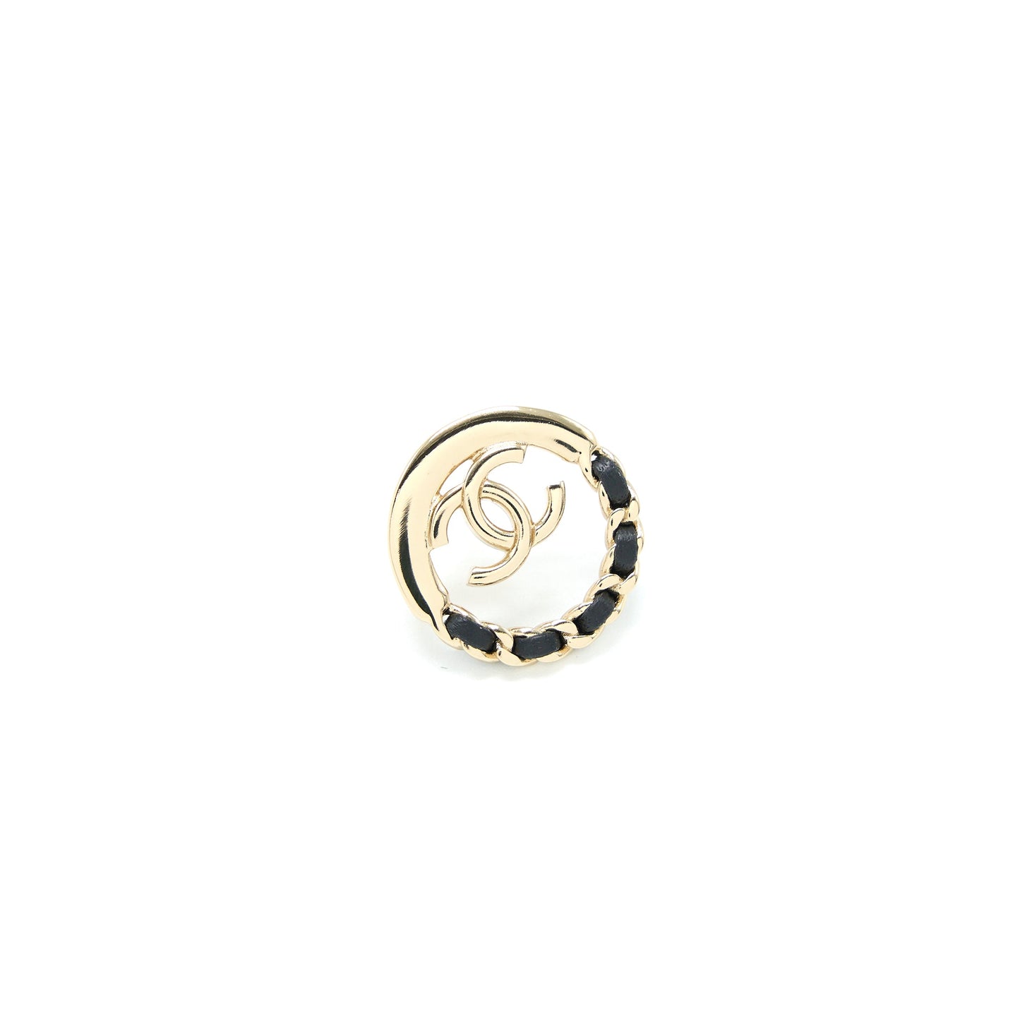 Chanel Round with CC Logo Earrings Leather Black Light Gold Tone