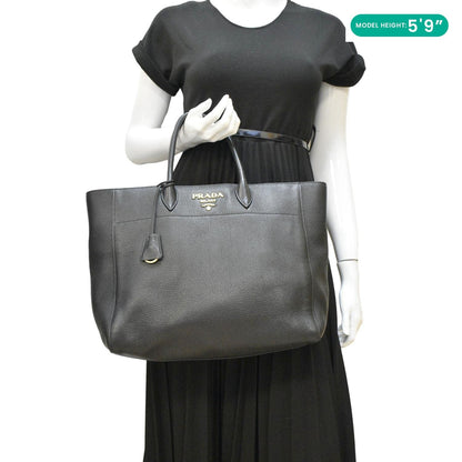 PRADA Vitello Daino Large Leather Tote Bag Black