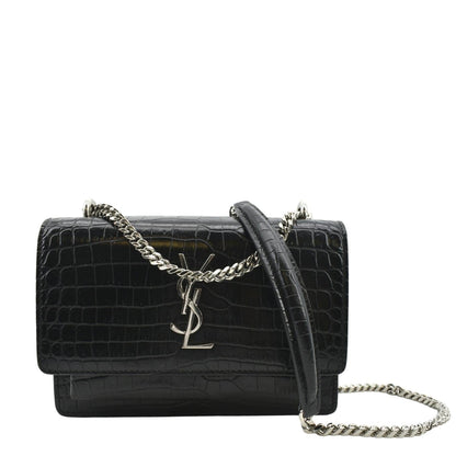 YVES SAINT LAURENT Sunset Crocodile Leather Crossbody Bag Black
