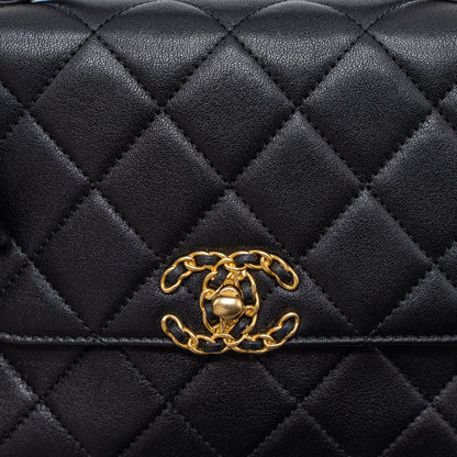 Chanel Top Handle Flap Bag Detailed Logo Goatskin Black