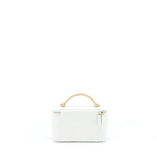 Chanel 22S Logo Top Handle Long Vanity With Chain Caviar White
