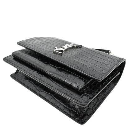 YVES SAINT LAURENT Sunset Crocodile Leather Crossbody Bag Black