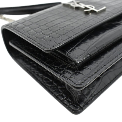 YVES SAINT LAURENT Sunset Crocodile Leather Crossbody Bag Black