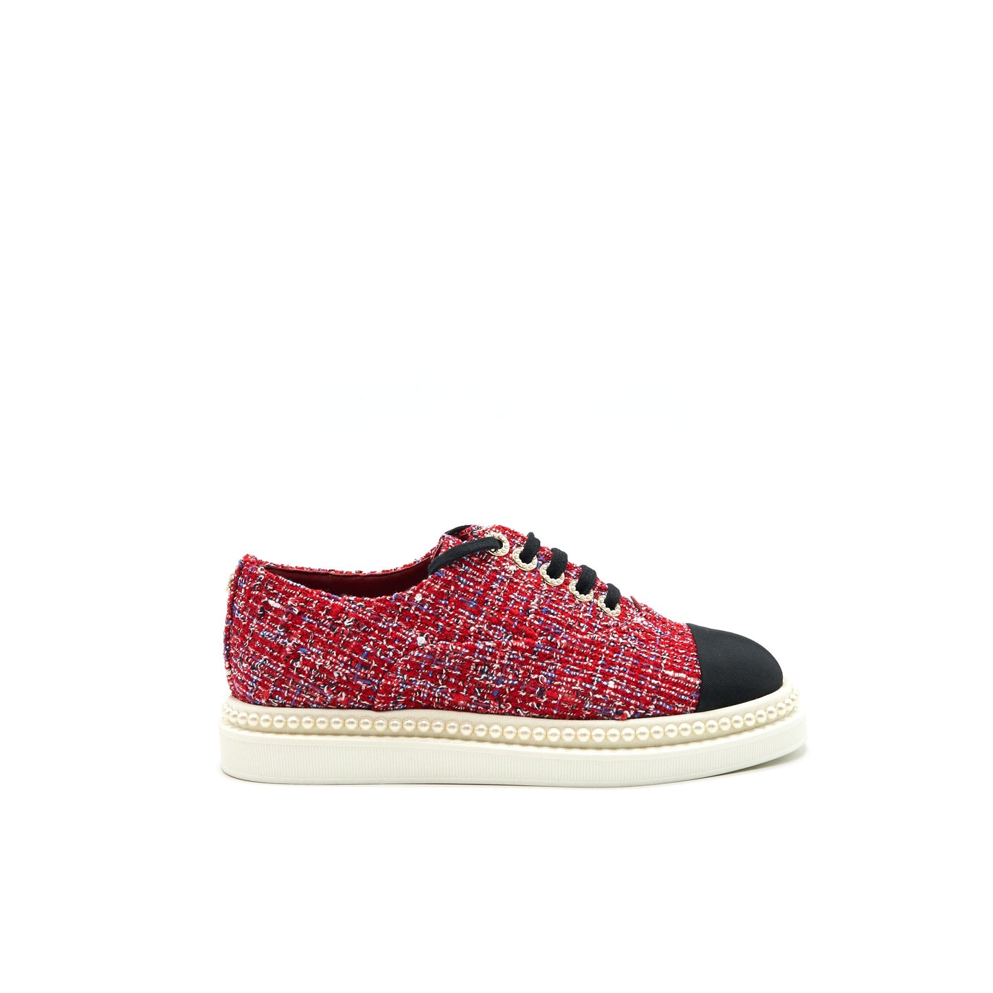 CHANEL Size 36.5 Tweed Lace-Up Pearls Flats Shoes