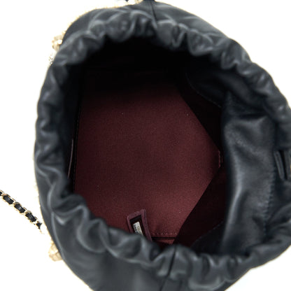 Chanel Bucket Crystal CC Logo Pearl Chain Bag Lambskin Black