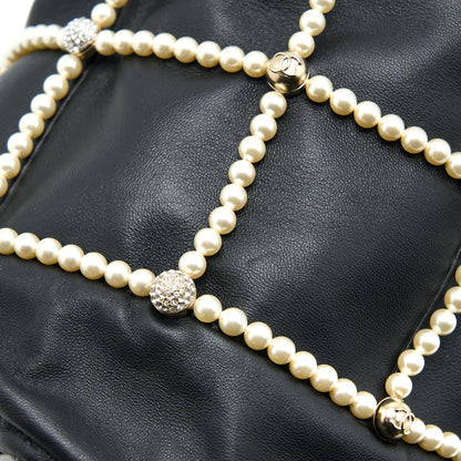 Chanel Bucket Crystal CC Logo Pearl Chain Bag Lambskin Black