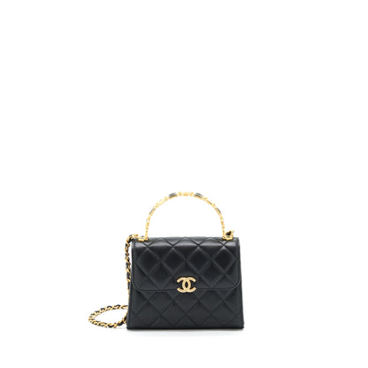 Chanel 22B Flap Bag With Enamel/CC Logo Top Handle Lambskin Black Brushed