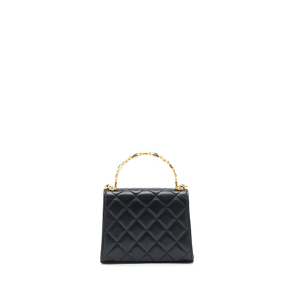 Chanel 22B Flap Bag With Enamel/CC Logo Top Handle Lambskin Black Brushed