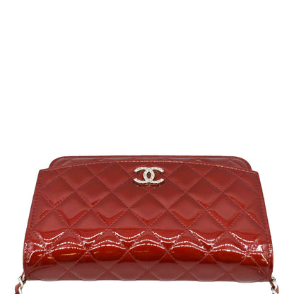 CHANEL Brilliant WOC Quilted Patent Leather Crossbody Wallet Red