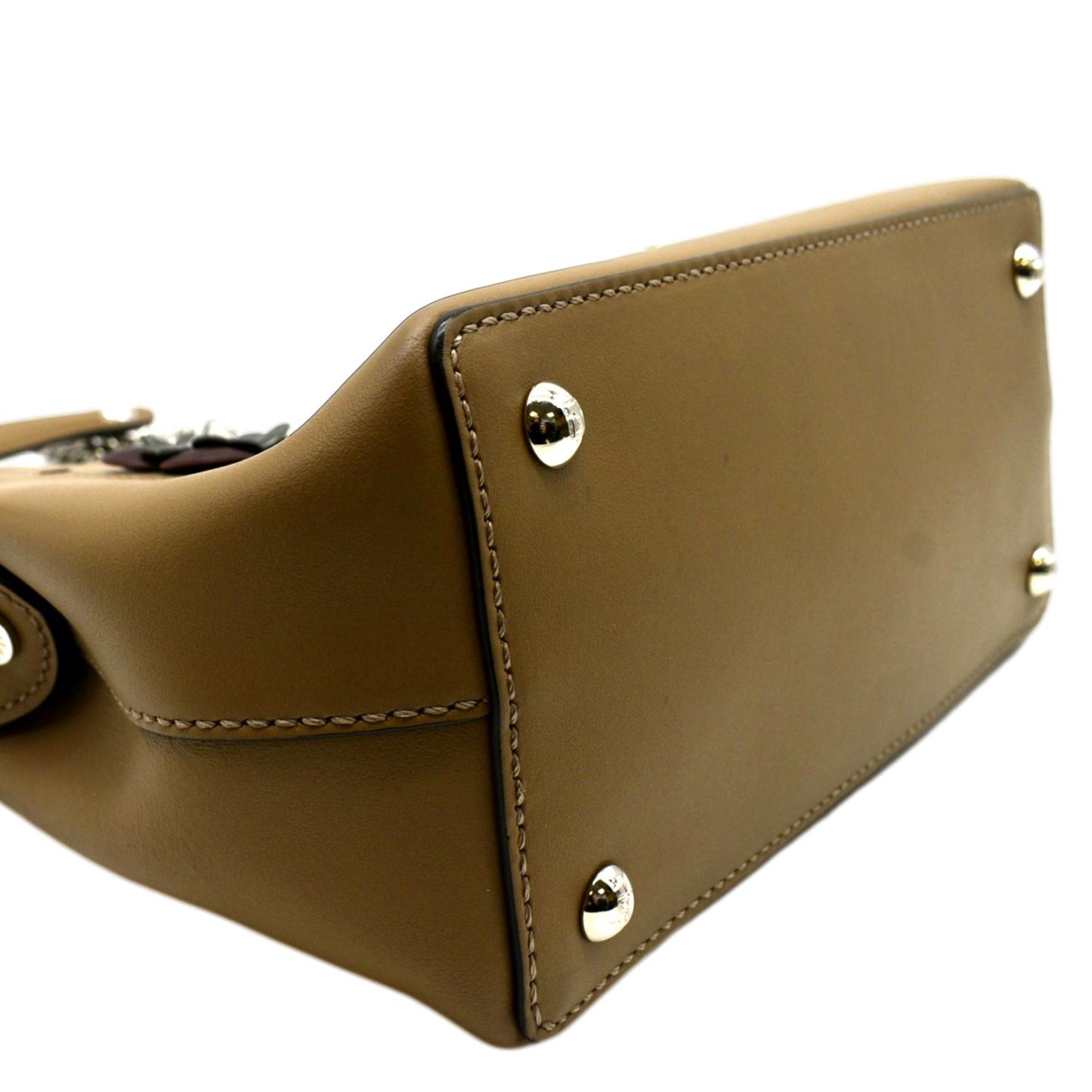 FENDI DotCom Flower Embellished Leather Shoulder Bag Tan