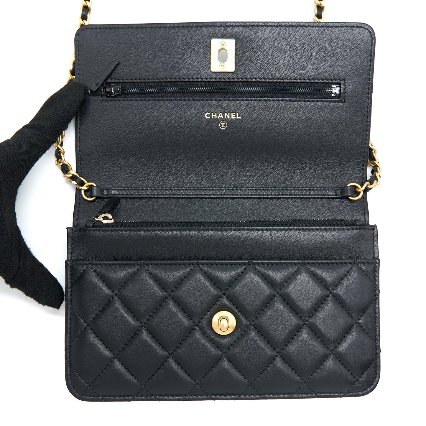 Chanel Pearl Crush Wallet On Chain Lambskin Black  (Microchip)