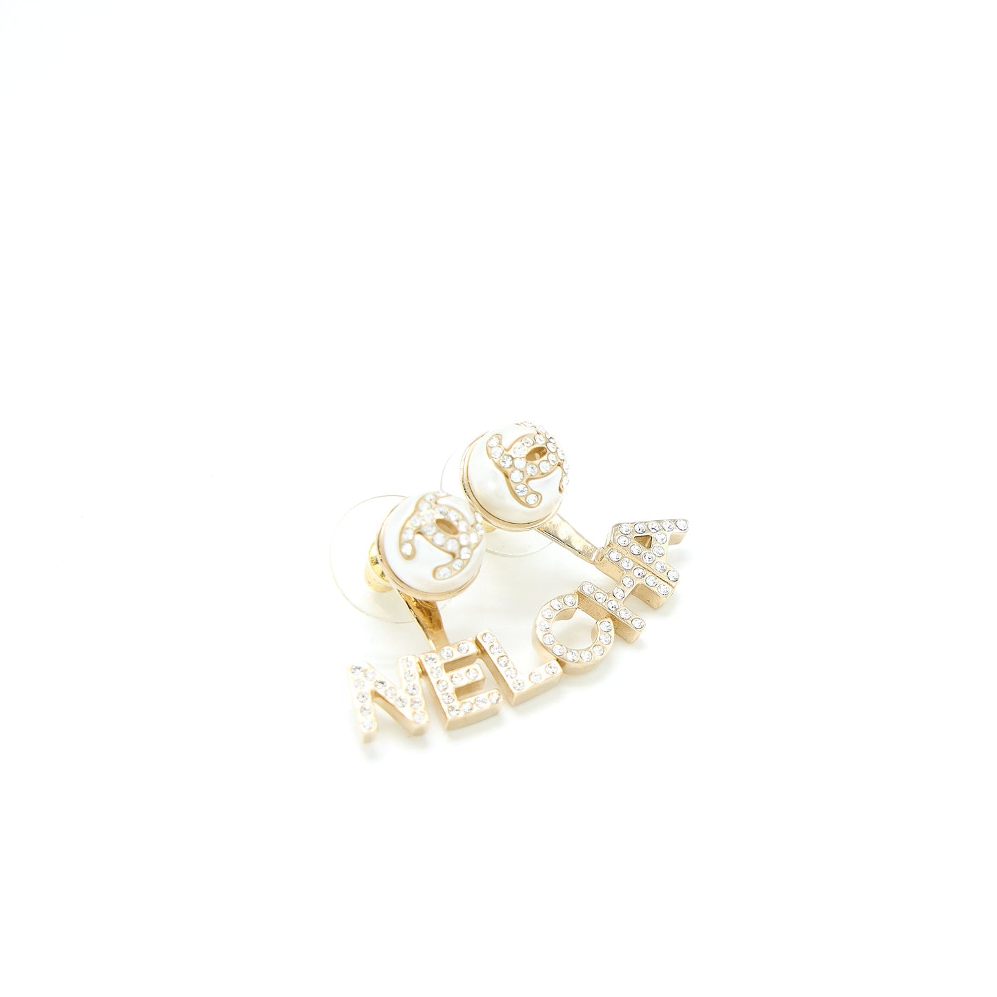 Chanel Letter CC/Logo Earrings Crystal Light Gold Tone