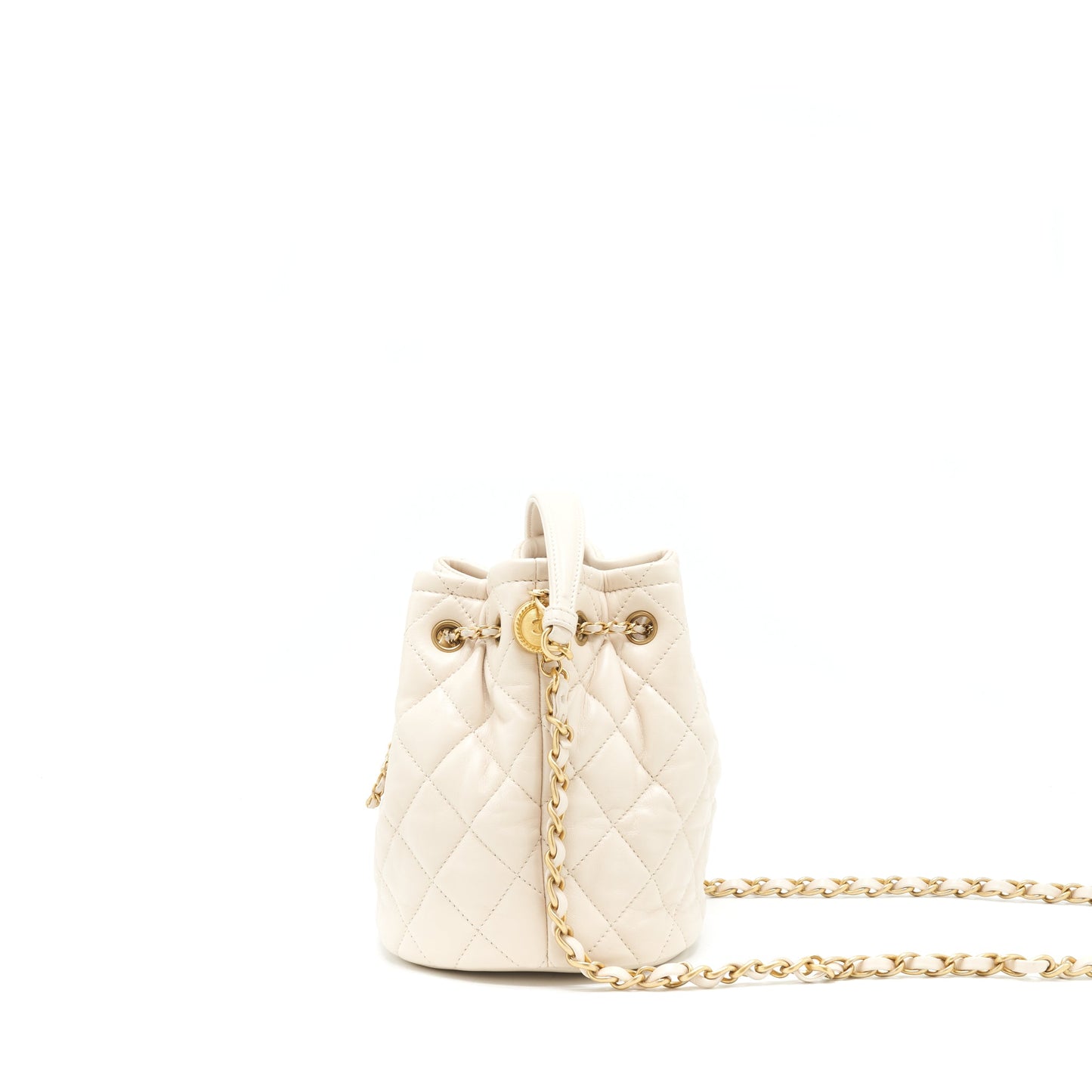 Chanel Button Bucket Crossbody Bag Lambskin White