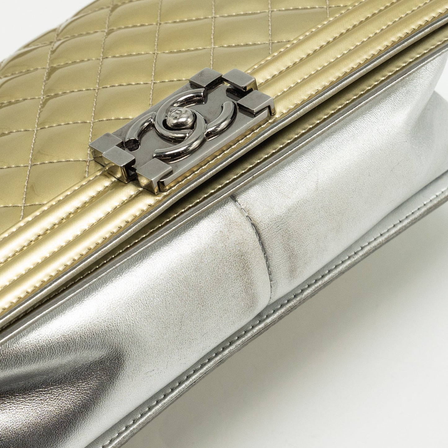 Chanel medium boy bag patent light gold / silver