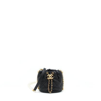 Chanel Mini Bucket Bag With Pearl Chain Lambskin Black