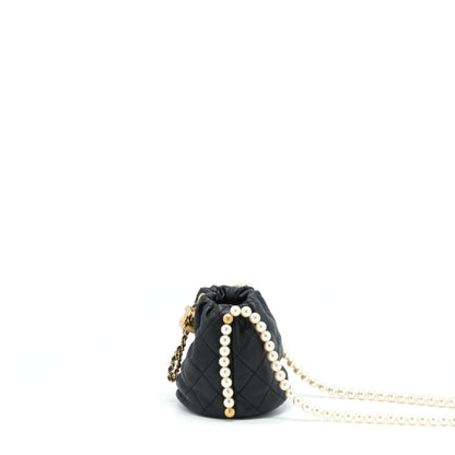 Chanel Mini Bucket Bag With Pearl Chain Lambskin Black
