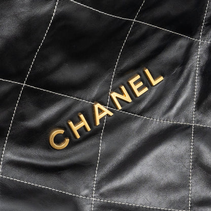 Chanel Medium 22 Bag Shiny Calfskin Black With White Stitching Gold Letter  (Microchip)