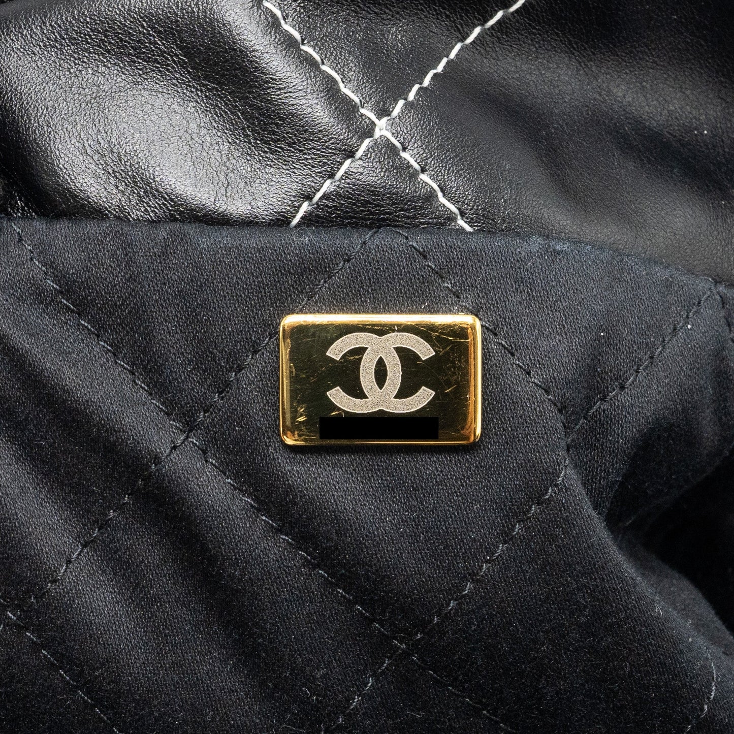 Chanel Medium 22 Bag Shiny Calfskin Black With White Stitching Gold Letter  (Microchip)