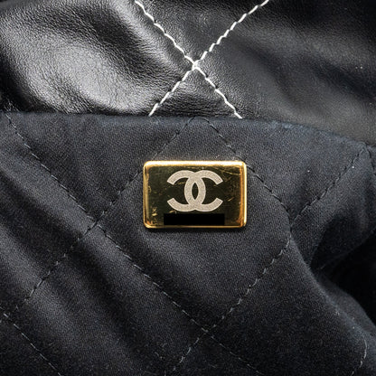 Chanel Medium 22 Bag Shiny Calfskin Black With White Stitching Gold Letter  (Microchip)