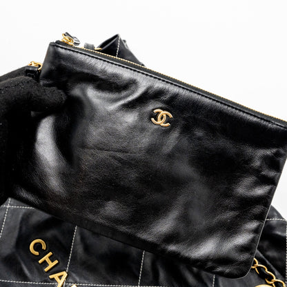 Chanel Medium 22 Bag Shiny Calfskin Black With White Stitching Gold Letter  (Microchip)