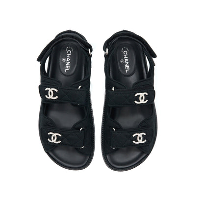 Chanel Size 36 Dad Sandals Crystal Logo Fabric Black