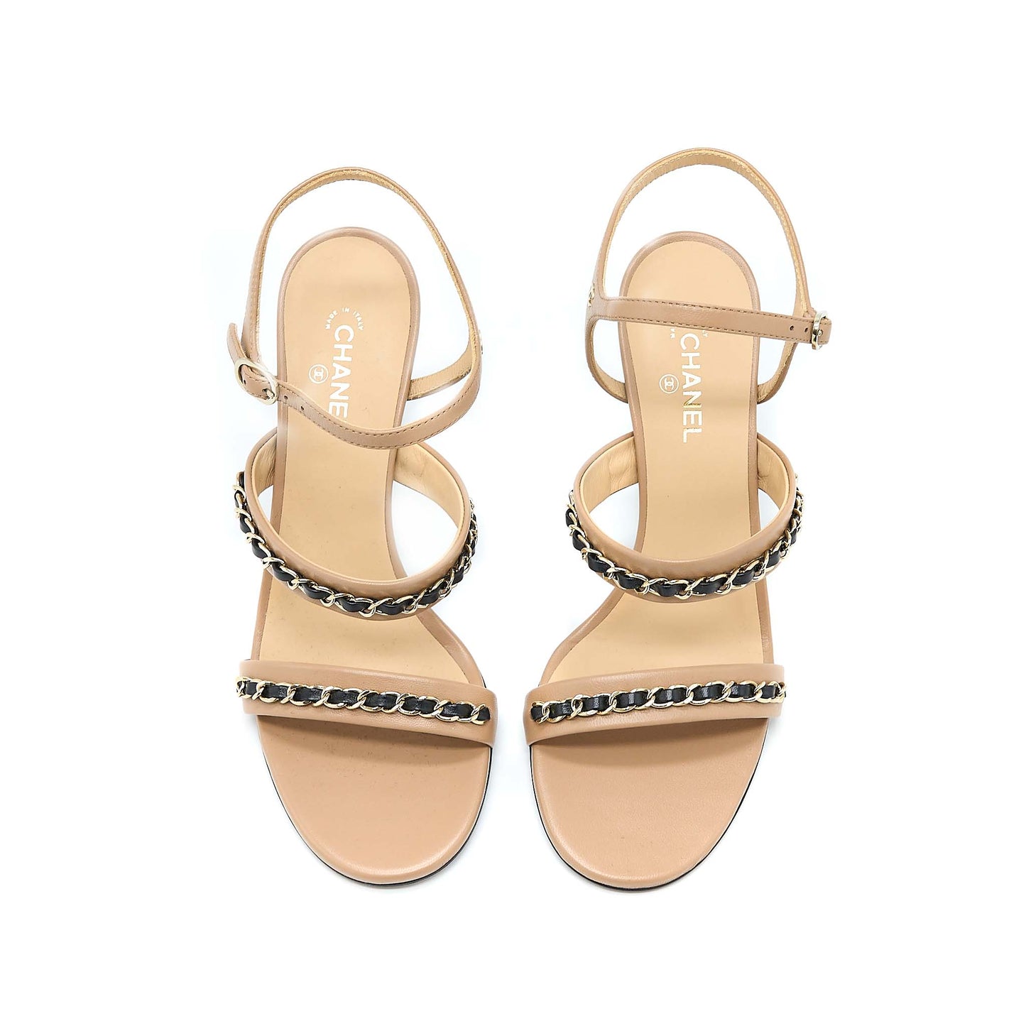 Chanel Size 38 Leather Chains Heel Sandals Lambskin Beige/Black L