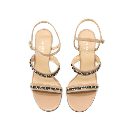 Chanel Size 38 Leather Chains Heel Sandals Lambskin Beige/Black L