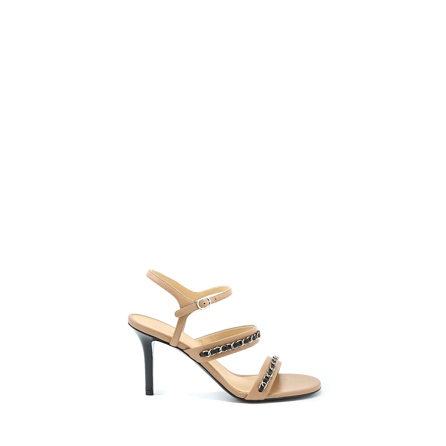 Chanel Size 38 Leather Chains Heel Sandals Lambskin Beige/Black L
