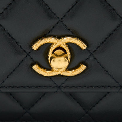 Chanel 22K Gold Pillar Wallet On Chain Lambskin Black Brushed (Microchip)
