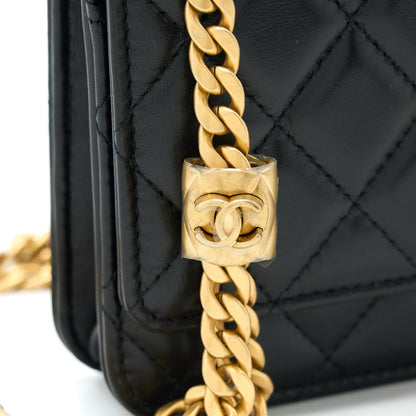 Chanel 22K Gold Pillar Wallet On Chain Lambskin Black Brushed (Microchip)