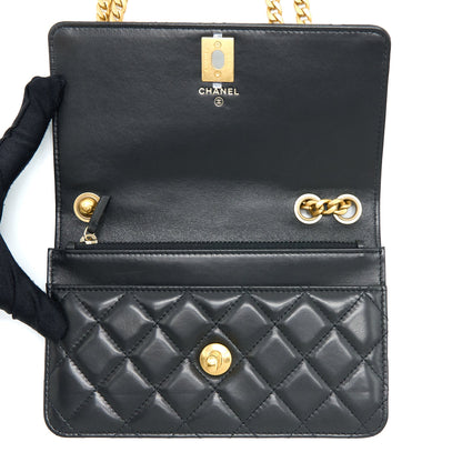 Chanel 22K Gold Pillar Wallet On Chain Lambskin Black Brushed (Microchip)