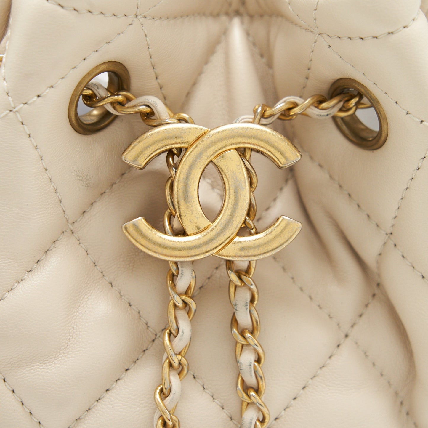 Chanel Button Bucket Crossbody Bag Lambskin White