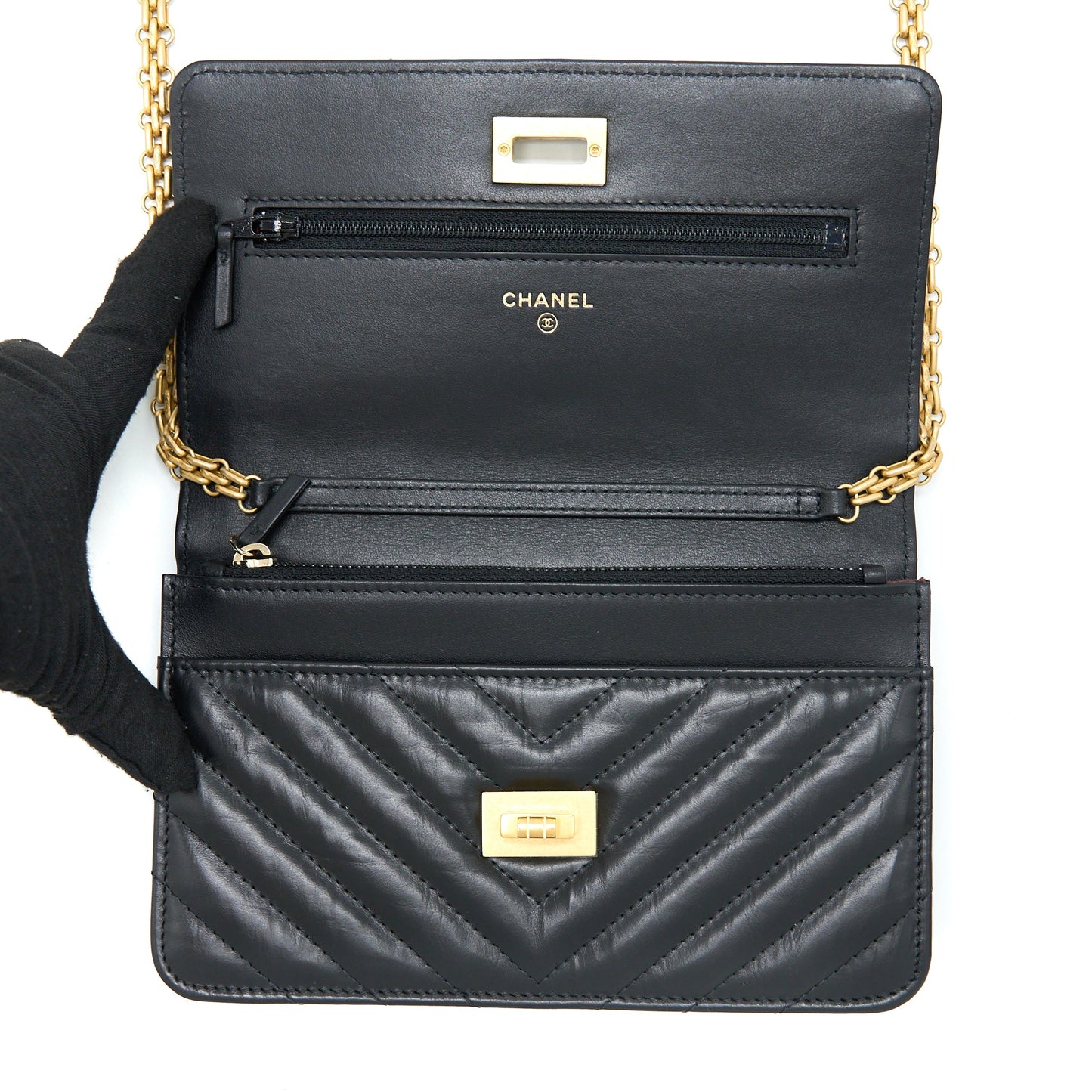 Chanel 2.55 Reissue Wallet On Chain Chevron Aged Calfskin Black Brushed  (Microchip)