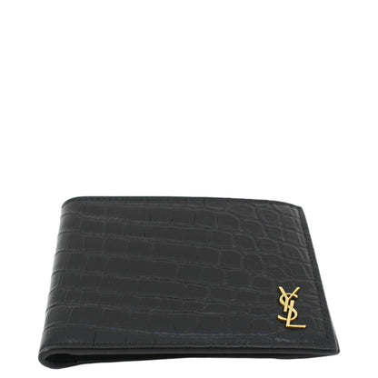 YVES SAINT LAURENT Crocodile Print Leather Billfold Wallet Black
