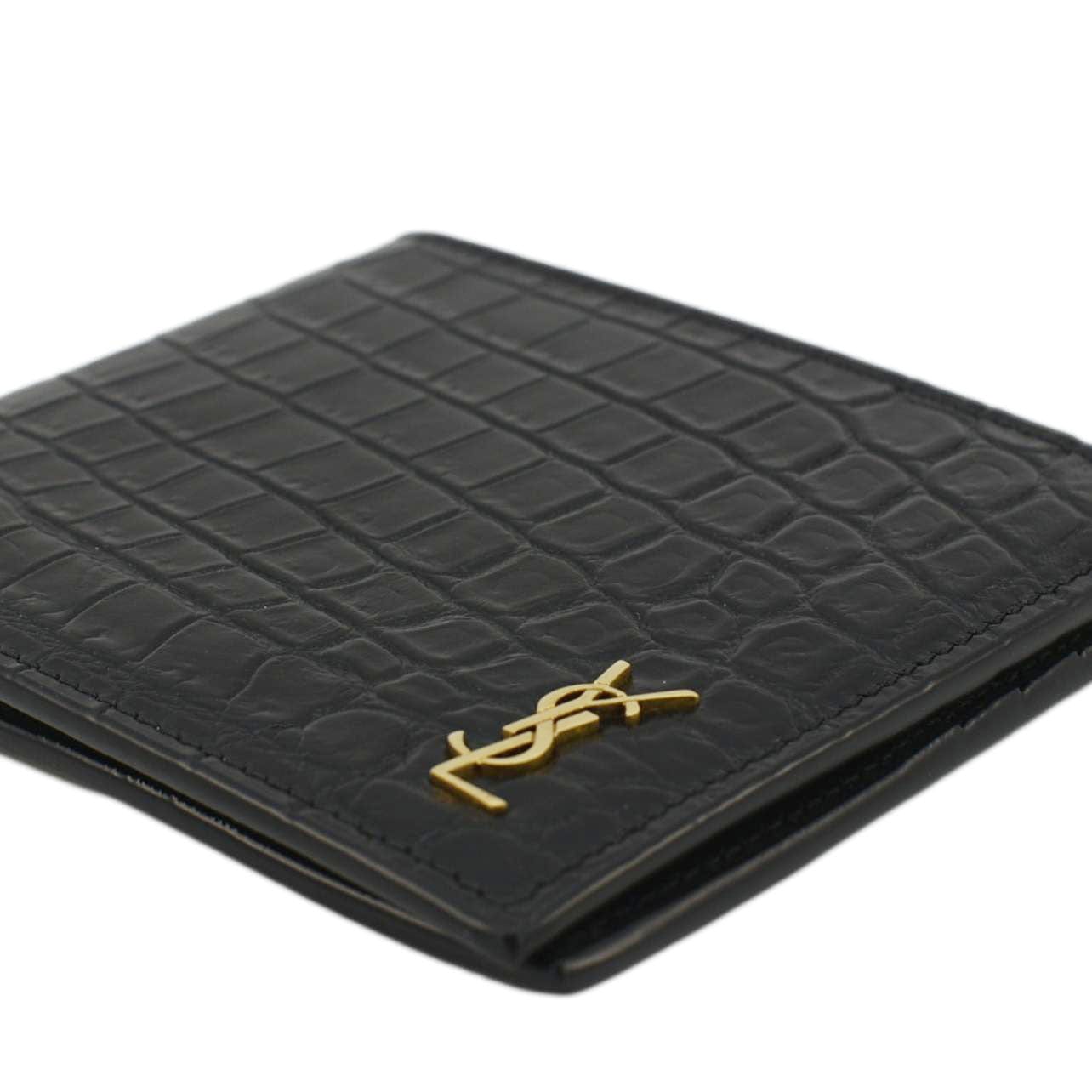 YVES SAINT LAURENT Crocodile Print Leather Billfold Wallet Black