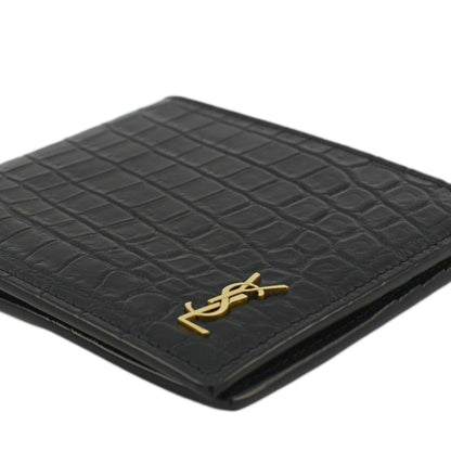 YVES SAINT LAURENT Crocodile Print Leather Billfold Wallet Black