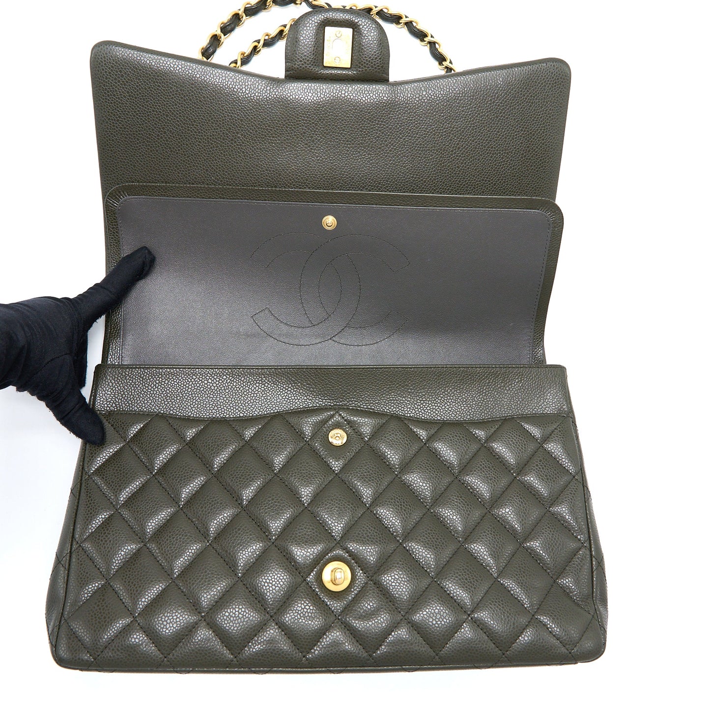 Chanel Maxi Classic Double Flap Bag Caviar Olive Green Brushed